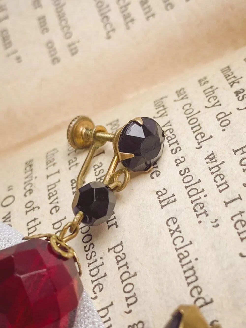 Vintage Screwback Red Crystal Glass Jewel Victorian Style Brass Drop Earrings